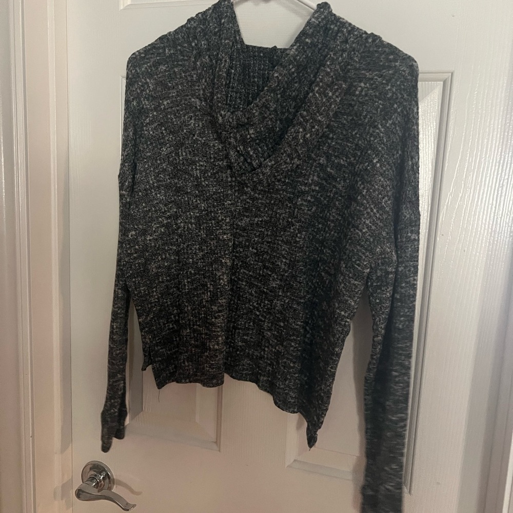 Women’s Black Gray Marled Open Front Knit Cardigan Sweater Long Sleeve – Size L